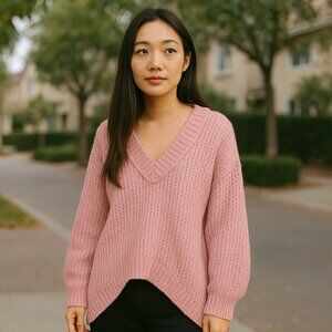 Zara Blush Chunky Knit V-Neck Wool Alpaca Blend Sweater Sz M